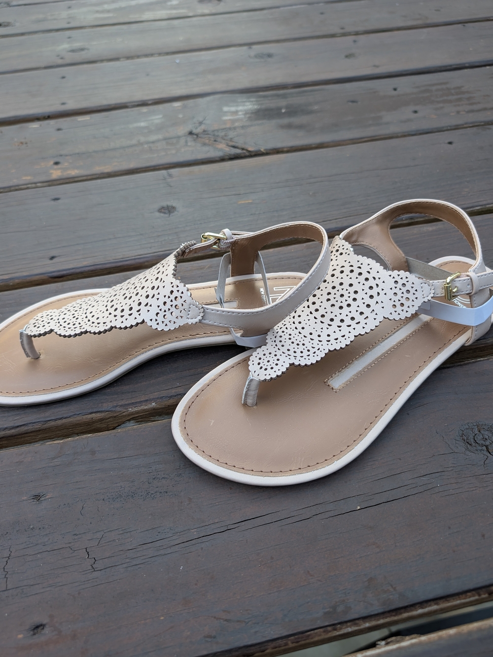 Women’s White Laser-Cut T-Strap Sandals New Directions